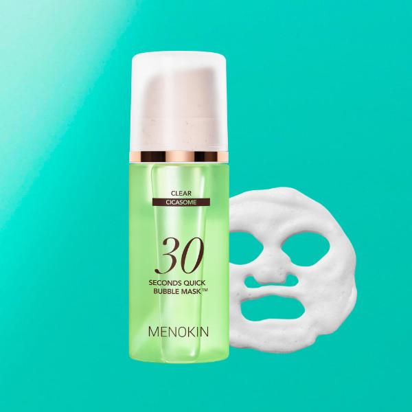 Menokin clear bubble mask in a minimalist white pump bottle