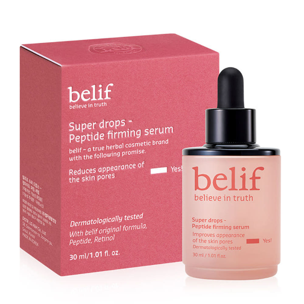 Belif Super Drops Peptide Firming Serum in a 30ml glass dropper bottle