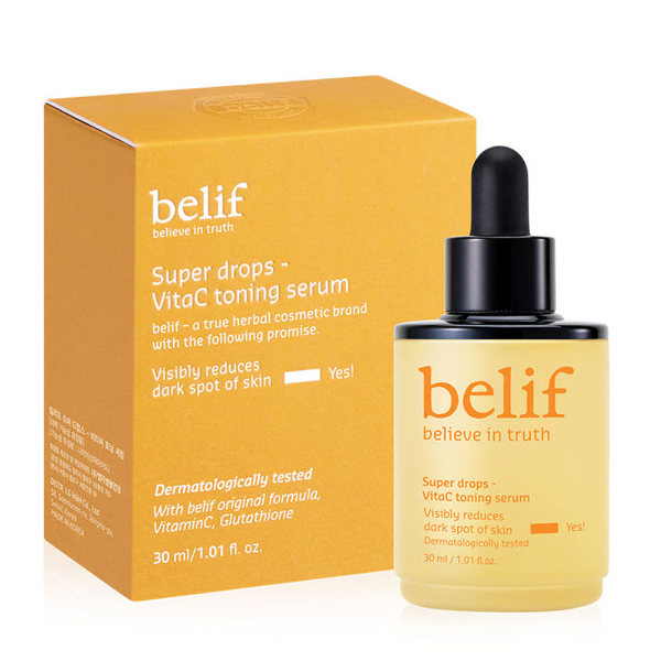 Belif Super Drops VitaC Toning Serum 30ml in a yellow dropper bottle