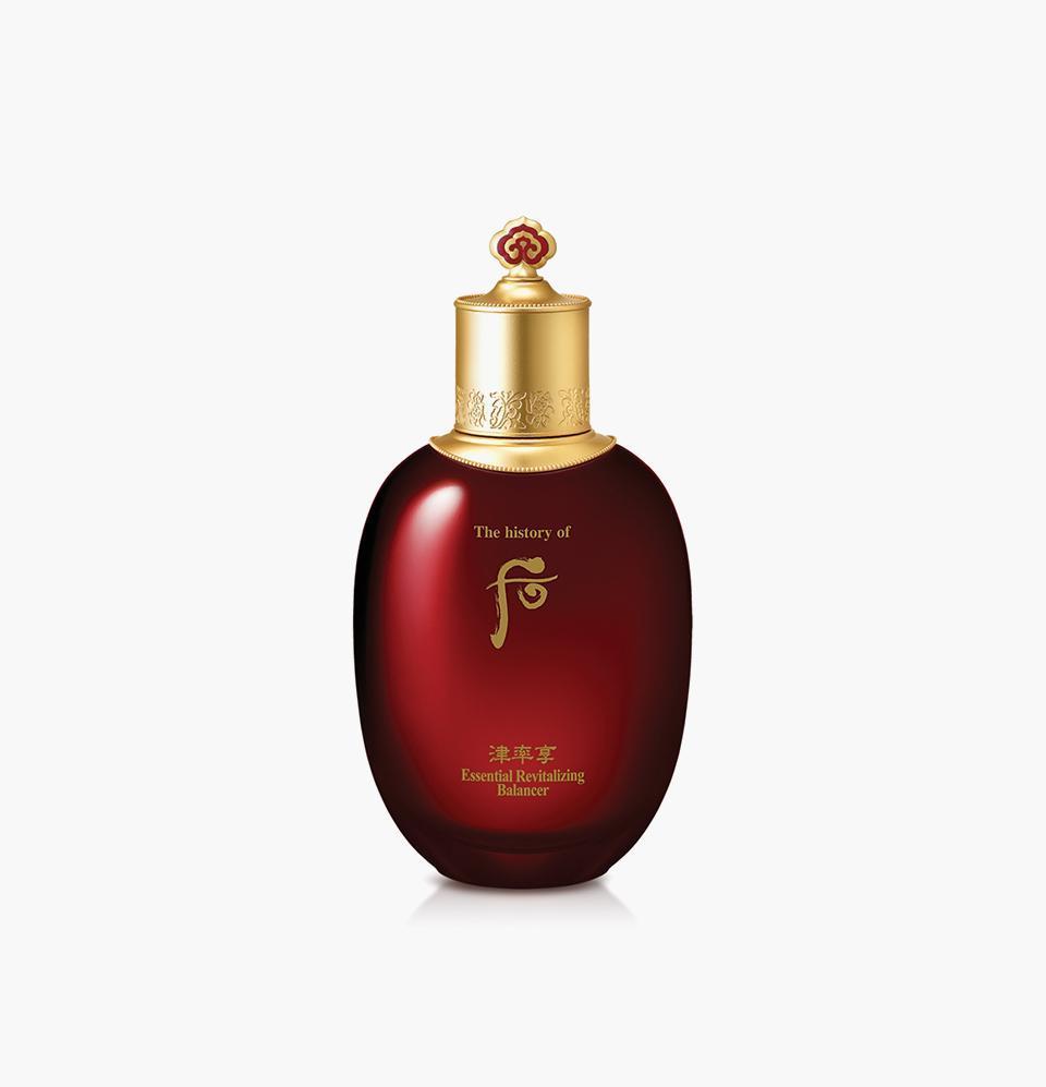 The History of Whoo Jinyulhyang Essential Revitalizing Balancer 150ml in a deep red glass bottle with gold cap
