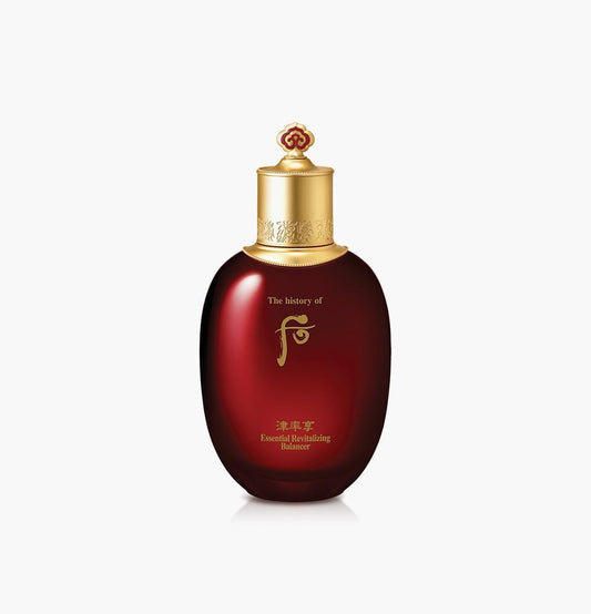 The History of Whoo Jinyulhyang Essential Revitalizing Balancer 150ml in a deep red glass bottle with gold cap
