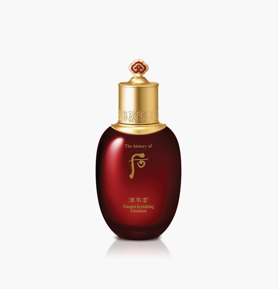The History Of Whoo Jinyulhyang Essential Revitalizing Emulsion in a dark red glass bottle with gold cap