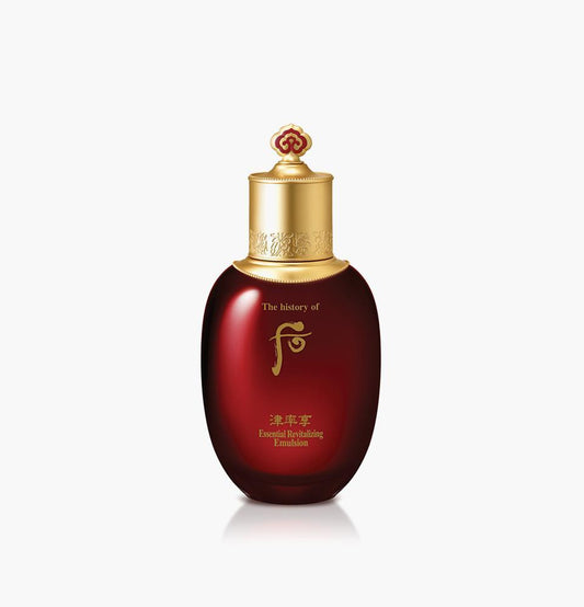 The History Of Whoo Jinyulhyang Essential Revitalizing Emulsion in a dark red glass bottle with gold cap