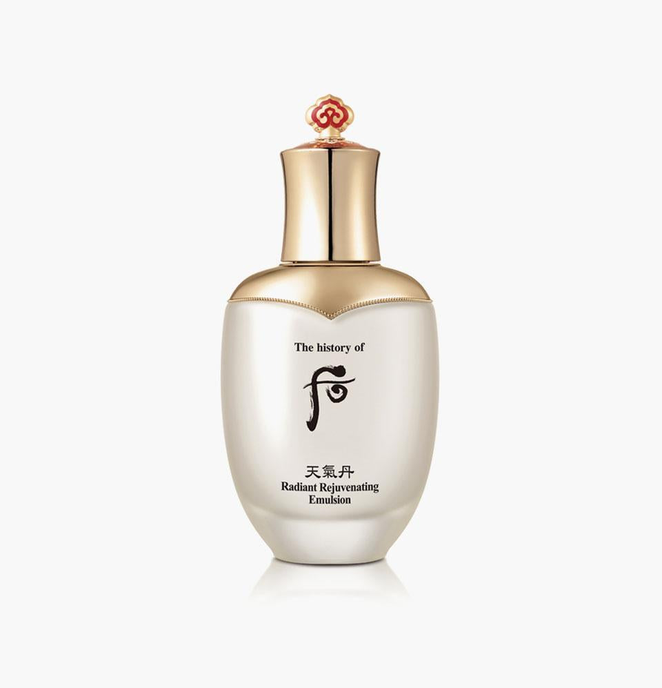 The History Of Whoo Cheongidan Radiant Rejuvenating Emulsion in an ornate gold bottle