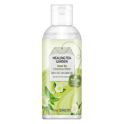 theSAEM Healing Tea Garden Green Tea Cleansing Water in a 300ml clear green pump bottle