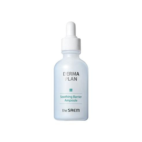 TheSAEM Derma Plan Soothing Barrier Ampoule in a frosted glass bottle with a white dropper cap