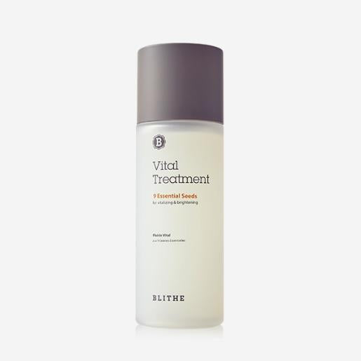 Blithe Vital Treatment 9 Essential Seeds toner in a tall clear bottle