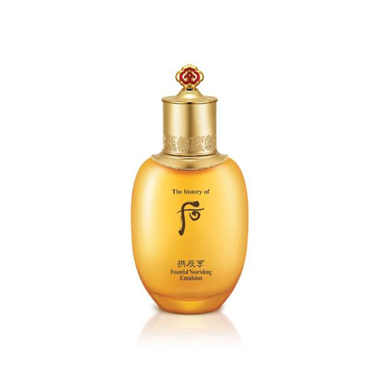The History Of Whoo Gongjinhyang Essential Nourishing Emulsion in an ornate gold bottle