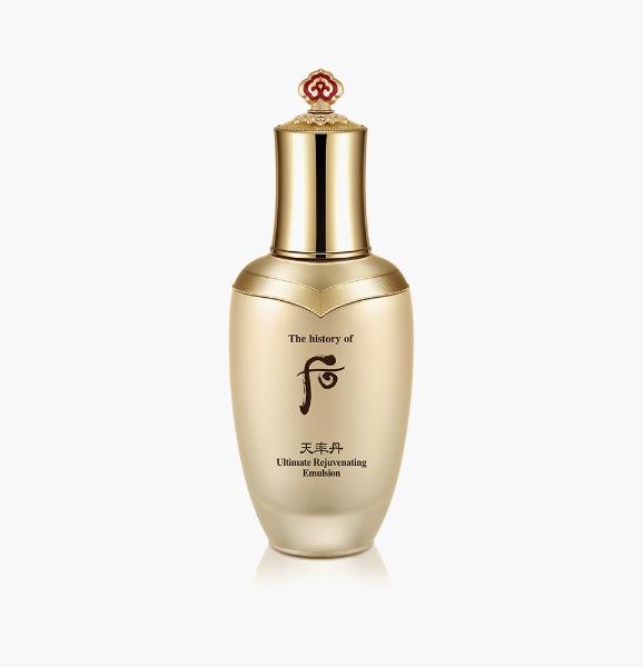 The History Of Whoo Cheonyuldan Ultimate Rejuvenating Emulsion in an ornate gold bottle