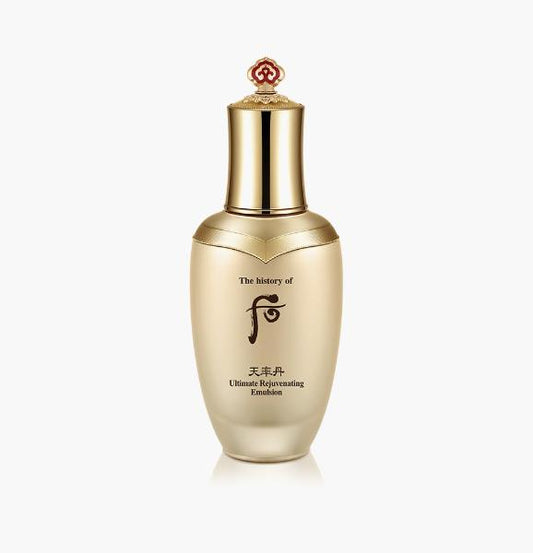 The History Of Whoo Cheonyuldan Ultimate Rejuvenating Emulsion in an ornate gold bottle