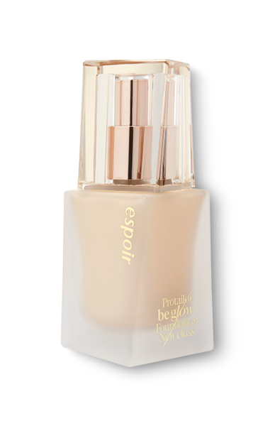 Espoir Be Glow Foundation in shade 21N Neutral Ivory in a clear glass bottle with a gold cap
