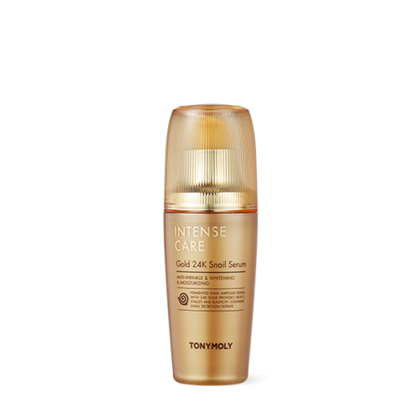 Tonymoly Intense Care Gold 24K Snail Serum in a clear pump bottle with gold accents
