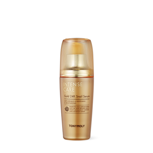 Tonymoly Intense Care Gold 24K Snail Serum in a clear pump bottle with gold accents