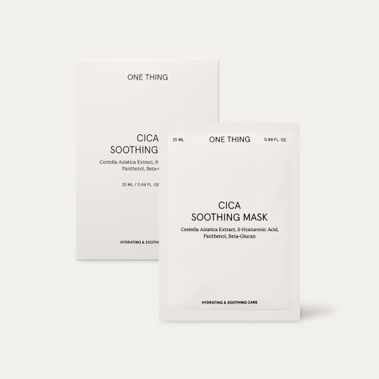 One Thing Cica Soothing Mask pack of five sheet masks in minimalist white and green packaging