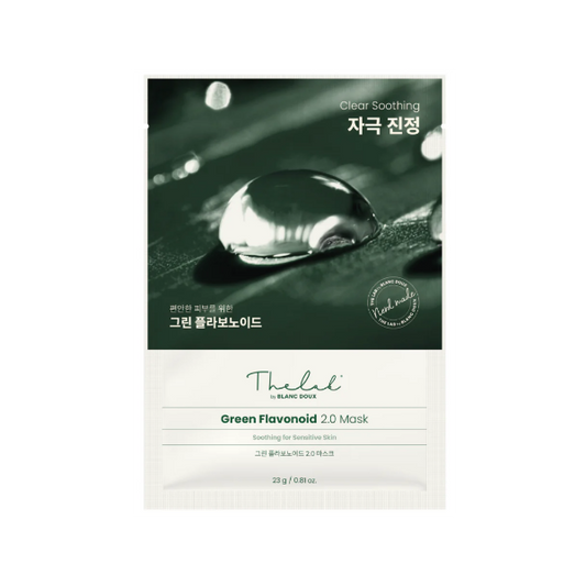 The Lab by Blanc Doux Green Flavonoid 2.0 sheet mask in a minimalist white pouch with green text