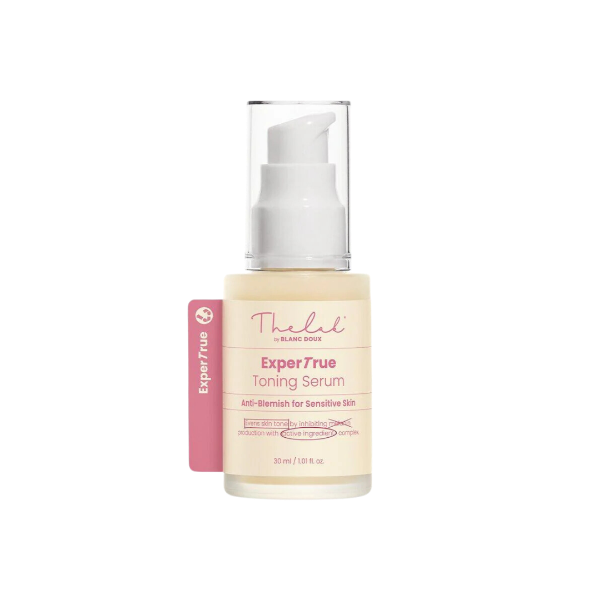 The Lab by Blanc Doux Expertrue Toning Serum in a 30ml clear glass dropper bottle