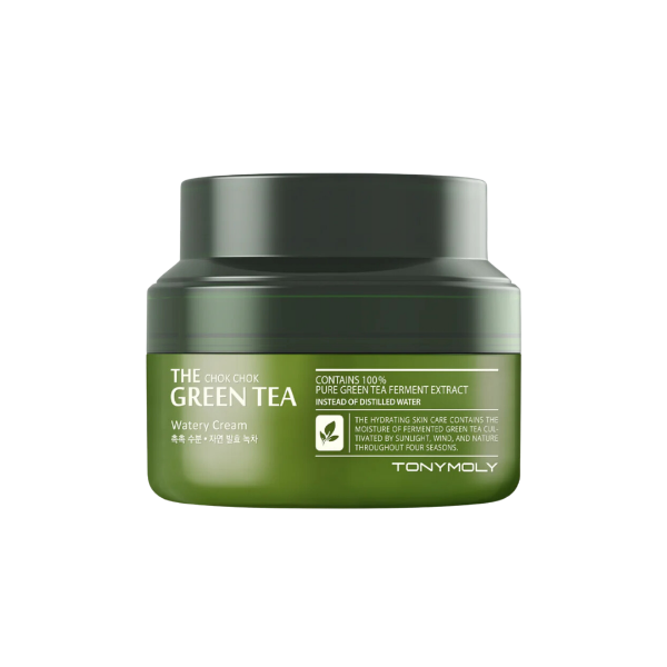 TONYMOLY The Chok Chok Green Tea Watery Moisture Cream in a round olive green jar
