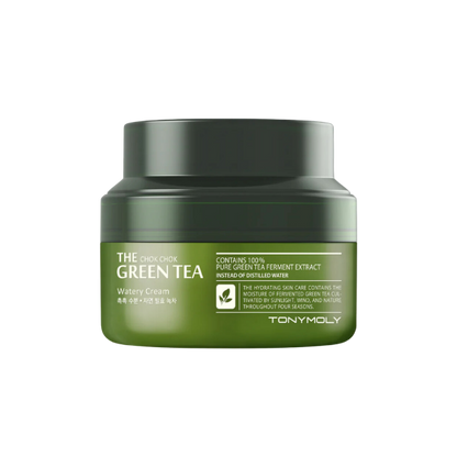 TONYMOLY The Chok Chok Green Tea Watery Moisture Cream in a round olive green jar