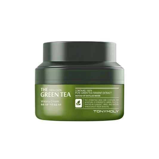 TONYMOLY The Chok Chok Green Tea Watery Moisture Cream in a round olive green jar