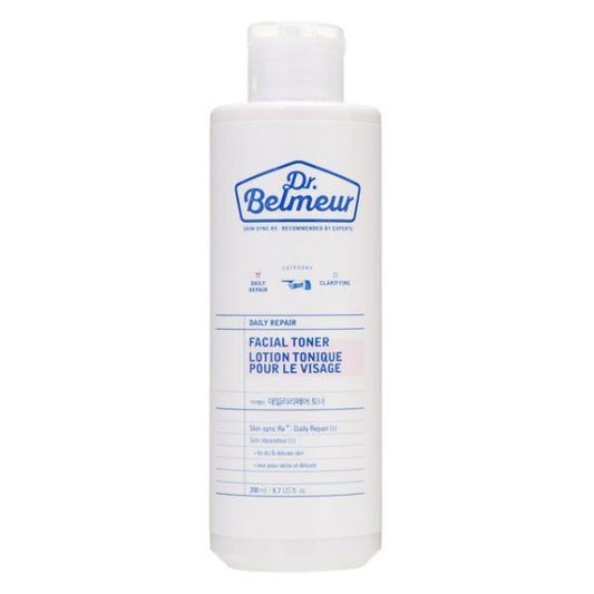 The Face Shop Dr.Belmeur Daily Repair Toner in a clear bottle with blue lettering and a white cap
