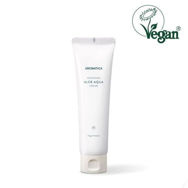 Aromatica Soothing Aloe Aqua Cream in a translucent green jar