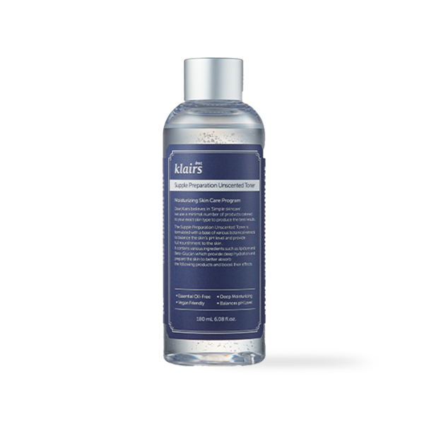 Clear plastic bottle of Dear Klairs Supple Preparation Unscented Toner with a white cap