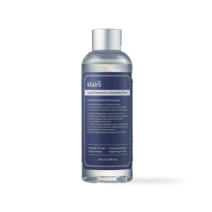 Clear plastic bottle of Dear Klairs Supple Preparation Unscented Toner with a white cap