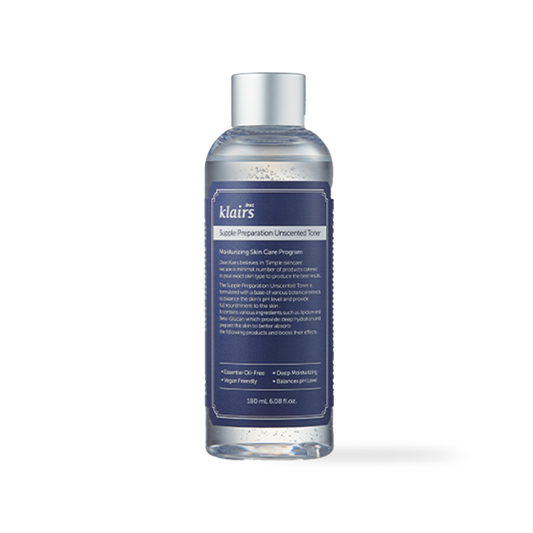 Clear plastic bottle of Dear Klairs Supple Preparation Unscented Toner with a white cap