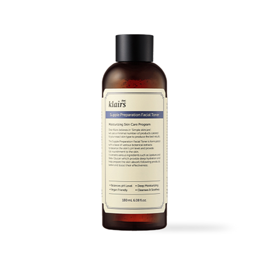Dear Klairs Supple Preparation Facial Toner in a clear 180ml bottle with a black cap