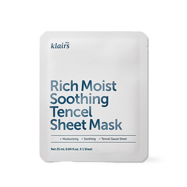 Dear Klairs Rich Moist Soothing Tencel Sheet Mask pack of ten in a blue pouch