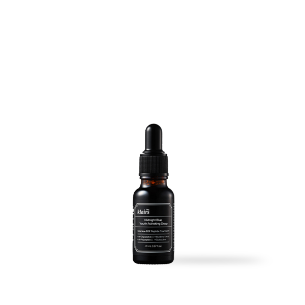 Dear Klairs Midnight Blue Youth Activating Drop in a blue glass dropper bottle