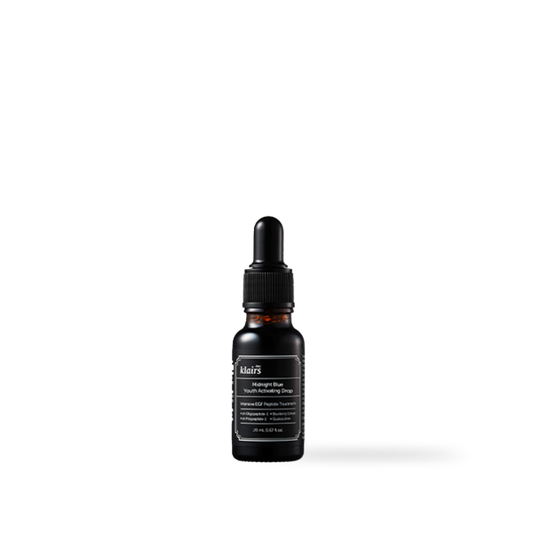 Dear Klairs Midnight Blue Youth Activating Drop in a blue glass dropper bottle