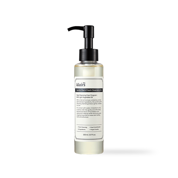 Dear Klairs Gentle Black Fresh Cleansing Oil 150ml in clear pump bottle