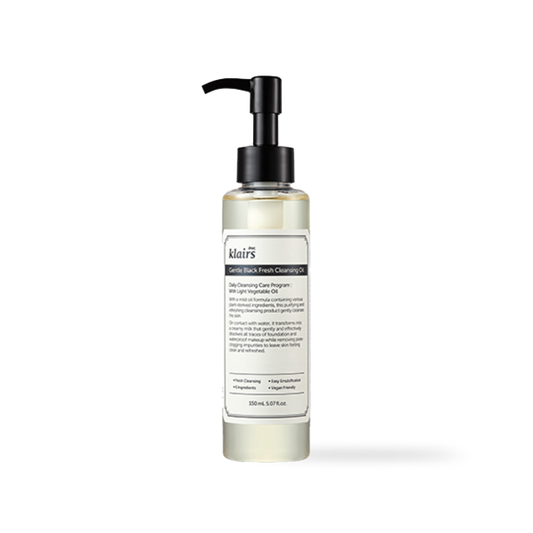 Dear Klairs Gentle Black Fresh Cleansing Oil 150ml in clear pump bottle