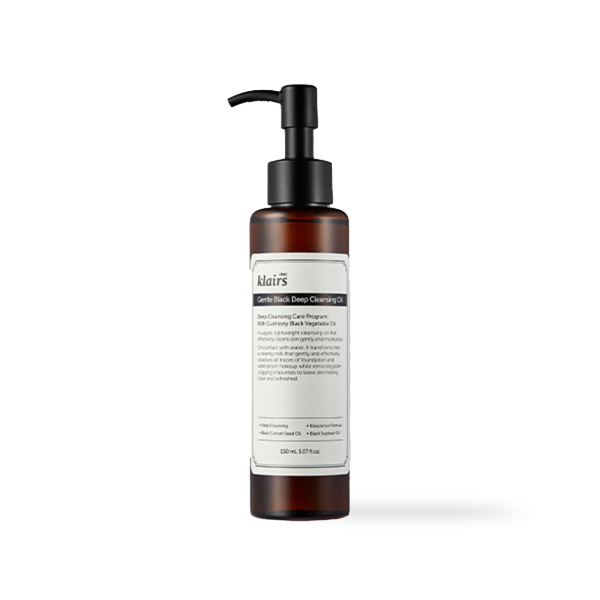 Dear Klairs Gentle Black Deep Cleansing Oil in a dark translucent pump bottle