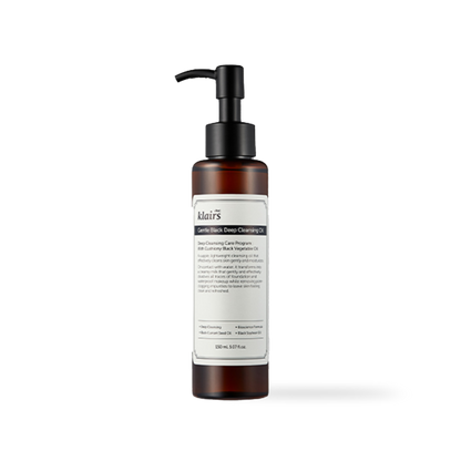 Dear Klairs Gentle Black Deep Cleansing Oil in a dark translucent pump bottle