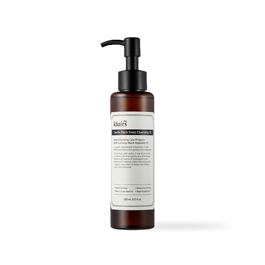 Dear Klairs Gentle Black Deep Cleansing Oil in a dark translucent pump bottle