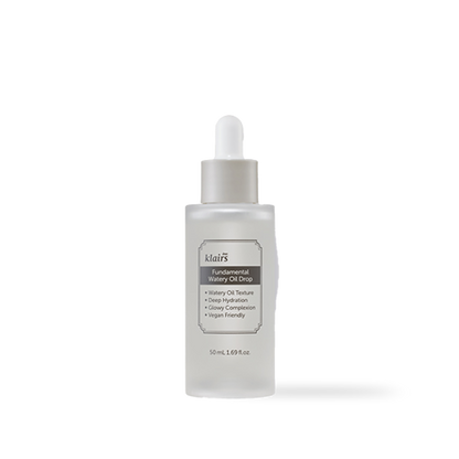 Dear Klairs Fundamental Watery Oil Drop serum in a 50ml clear glass bottle with dropper