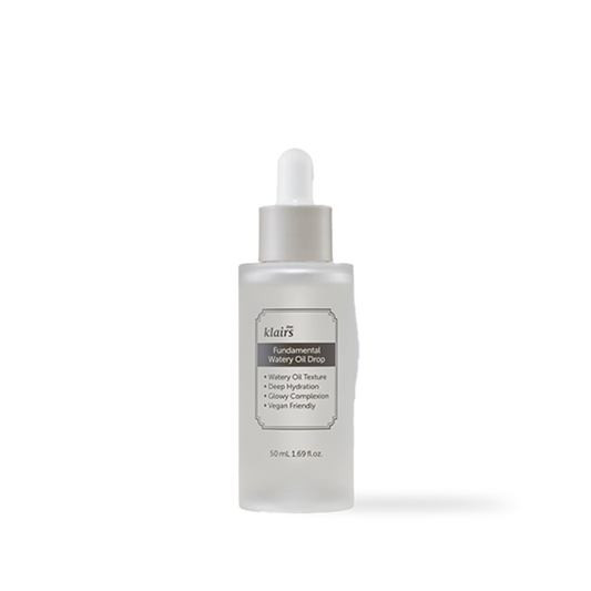 Dear Klairs Fundamental Watery Oil Drop serum in a 50ml clear glass bottle with dropper