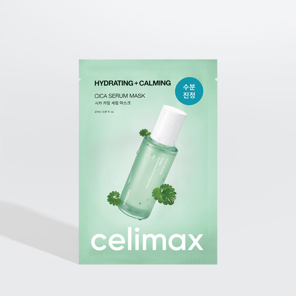 Celimax The Real Cica Calming Serum Mask single sheet in green and white packaging with a clear serum texture illustration