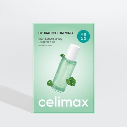 Celimax The Real Cica Calming Serum Mask 10ea featuring green sheet mask packaging with a soothing centella illustration