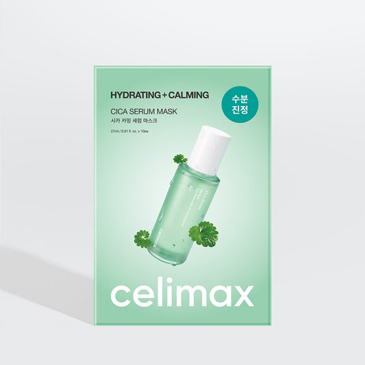 Celimax The Real Cica Calming Serum Mask 10ea featuring green sheet mask packaging with a soothing centella illustration