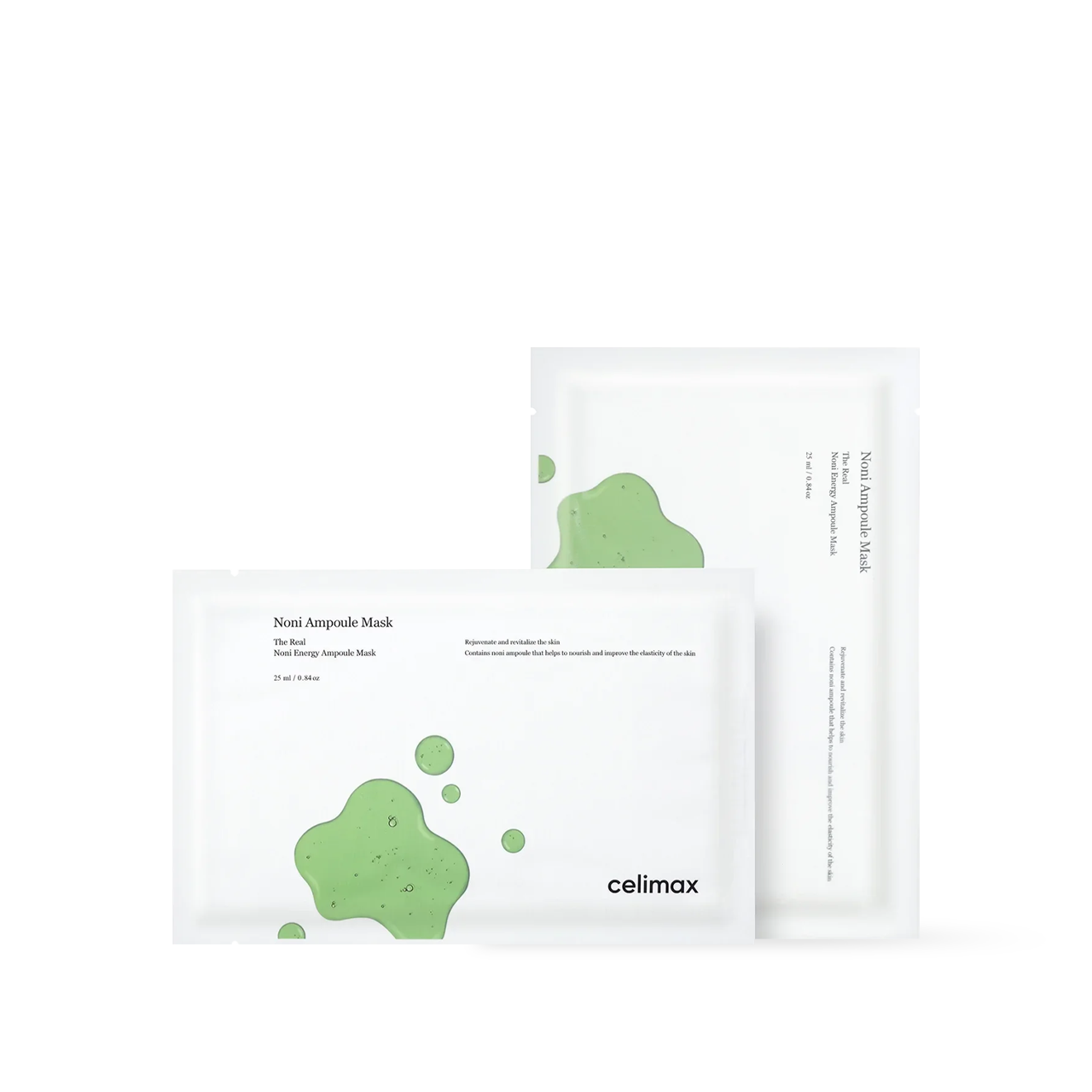 Celimax The Real Noni Energy Ampoule Mask 10ea featuring a green sheet mask and botanical extract packaging design