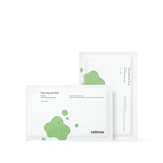 Celimax The Real Noni Energy Ampoule Mask 10ea featuring a green sheet mask and botanical extract packaging design