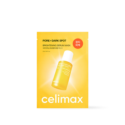 Celimax Pore and Dark Spot Brightening Serum Mask in a white and yellow single use sheet mask pouch
