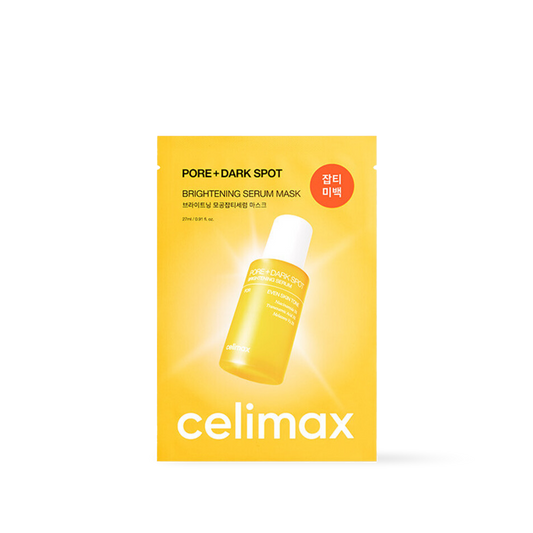 Celimax Pore and Dark Spot Brightening Serum Mask in a white and yellow single use sheet mask pouch
