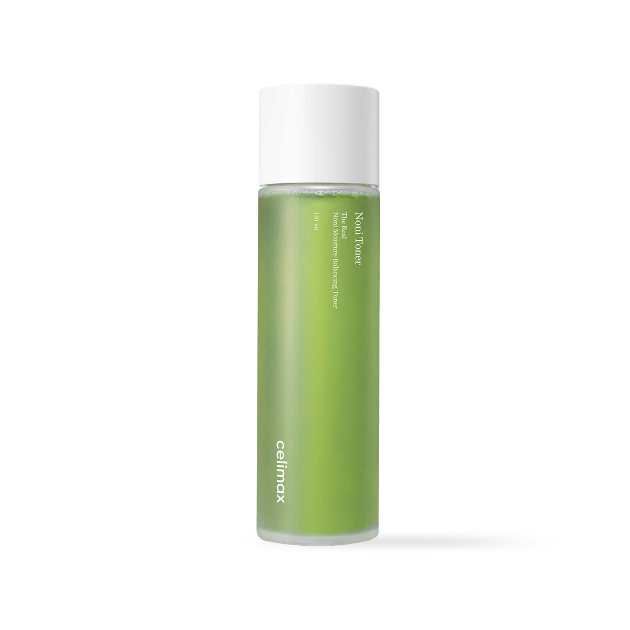 Celimax The Real Noni Moisture Balancing Toner in a clear 150ml bottle with light green liquid and a white cap