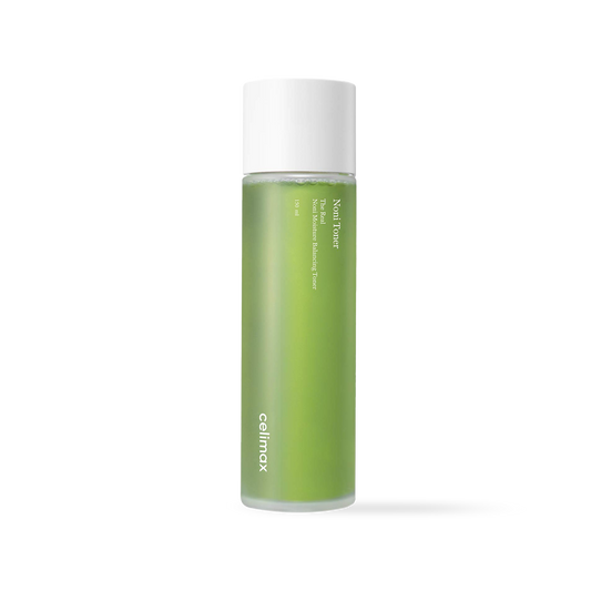 Celimax The Real Noni Moisture Balancing Toner in a clear 150ml bottle with light green liquid and a white cap