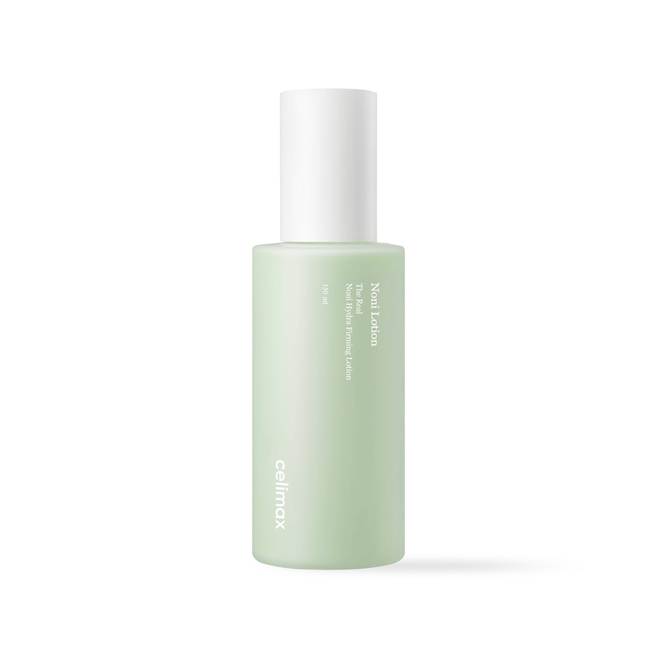 Celimax The Real Noni Hydra Firming Lotion in a tall translucent green bottle with a white pump dispenser