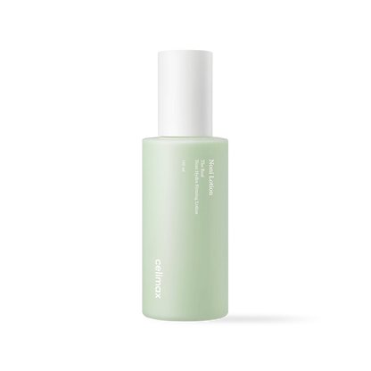 Celimax The Real Noni Hydra Firming Lotion in a tall translucent green bottle with a white pump dispenser